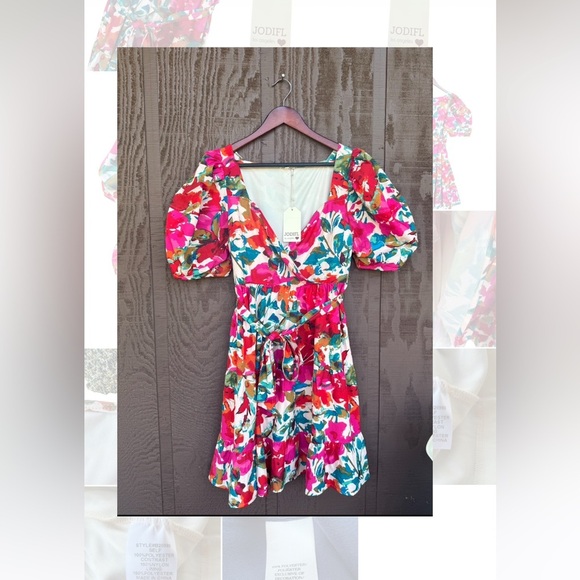 JODIFL Women’s Floral Colorful Puff Sleeve A Line V Neck Dress Large Boho Preppy - Picture 2 of 9
